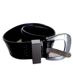 Faux Leather Curvy Solid Glossy Black Buckle Belt Dark Grey Hardware Size 4P